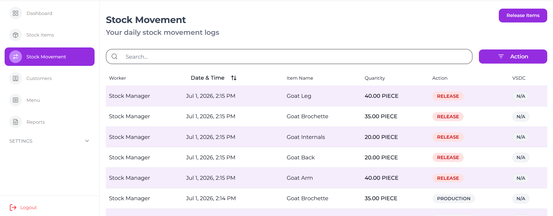 Stock movement log showing a chronological list of release entries for prepared items, each row recording the worker, timestamp, item, and quantity — the append-only trail every stock change writes to