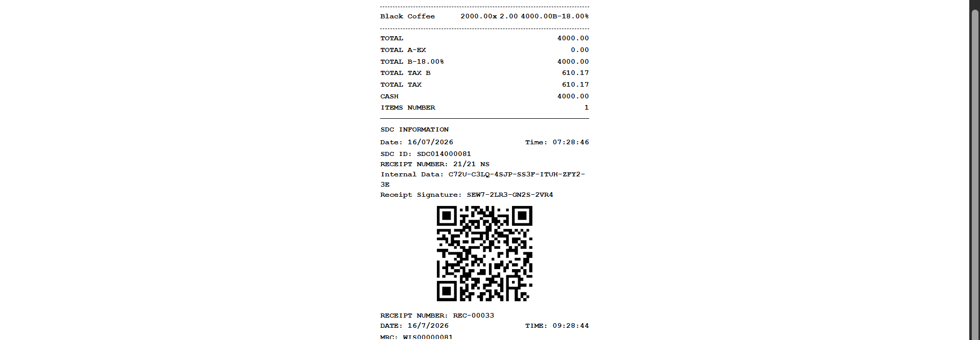 A generated fiscal receipt in the format Rwanda's electronic invoicing system requires, showing signed receipt data and a verification QR code with fictional identifiers