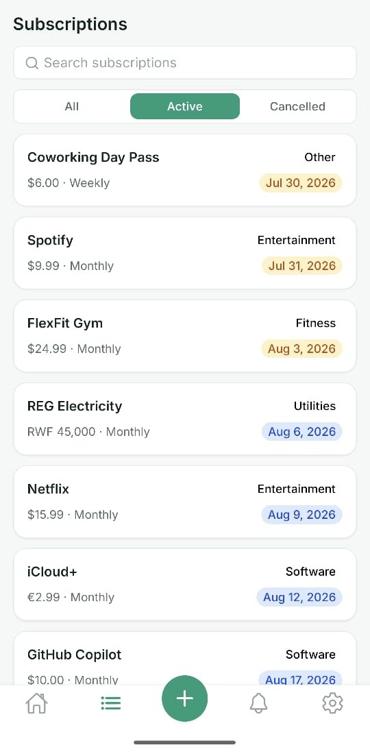SubTrack mobile subscriptions list filtered to active subscriptions, showing cost, billing cycle, and next renewal date for each