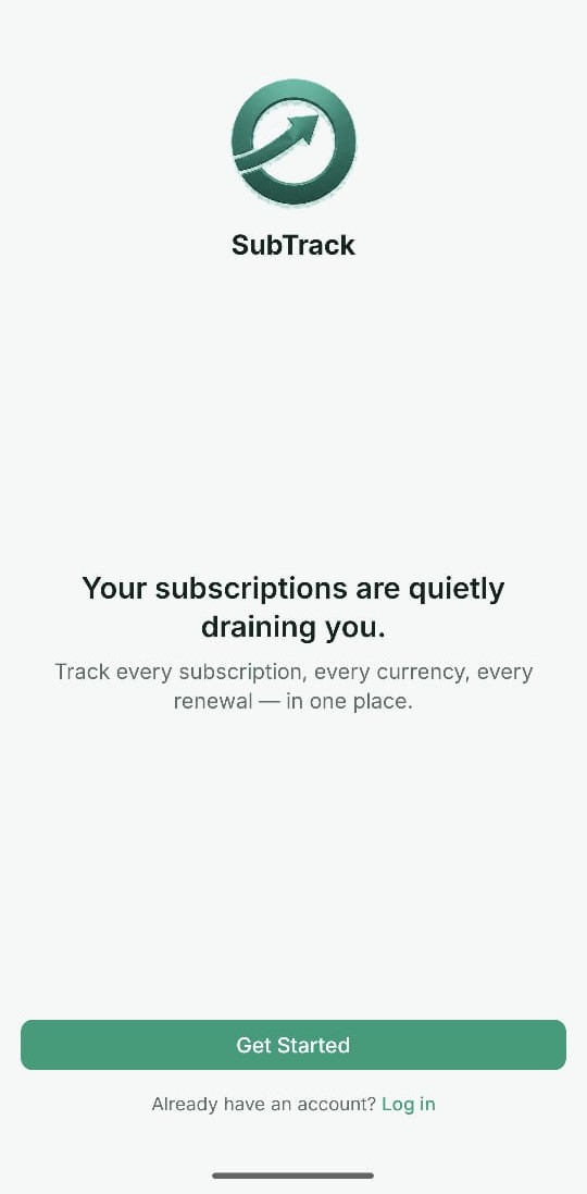 SubTrack mobile app welcome screen with the app mark and a Get Started button