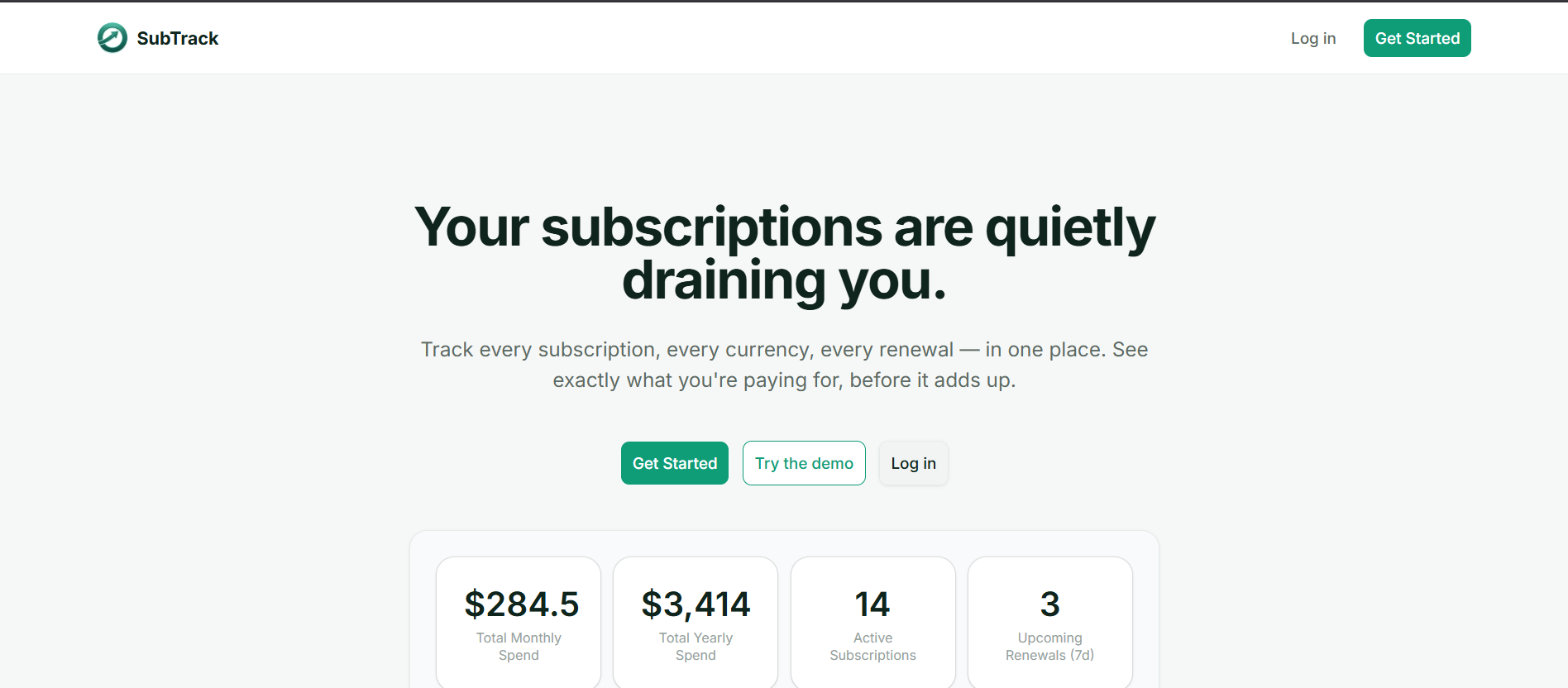 SubTrack marketing landing page showing the headline 'Your subscriptions are quietly draining you' and summary stat cards for monthly spend, yearly spend, active subscriptions, and upcoming renewals