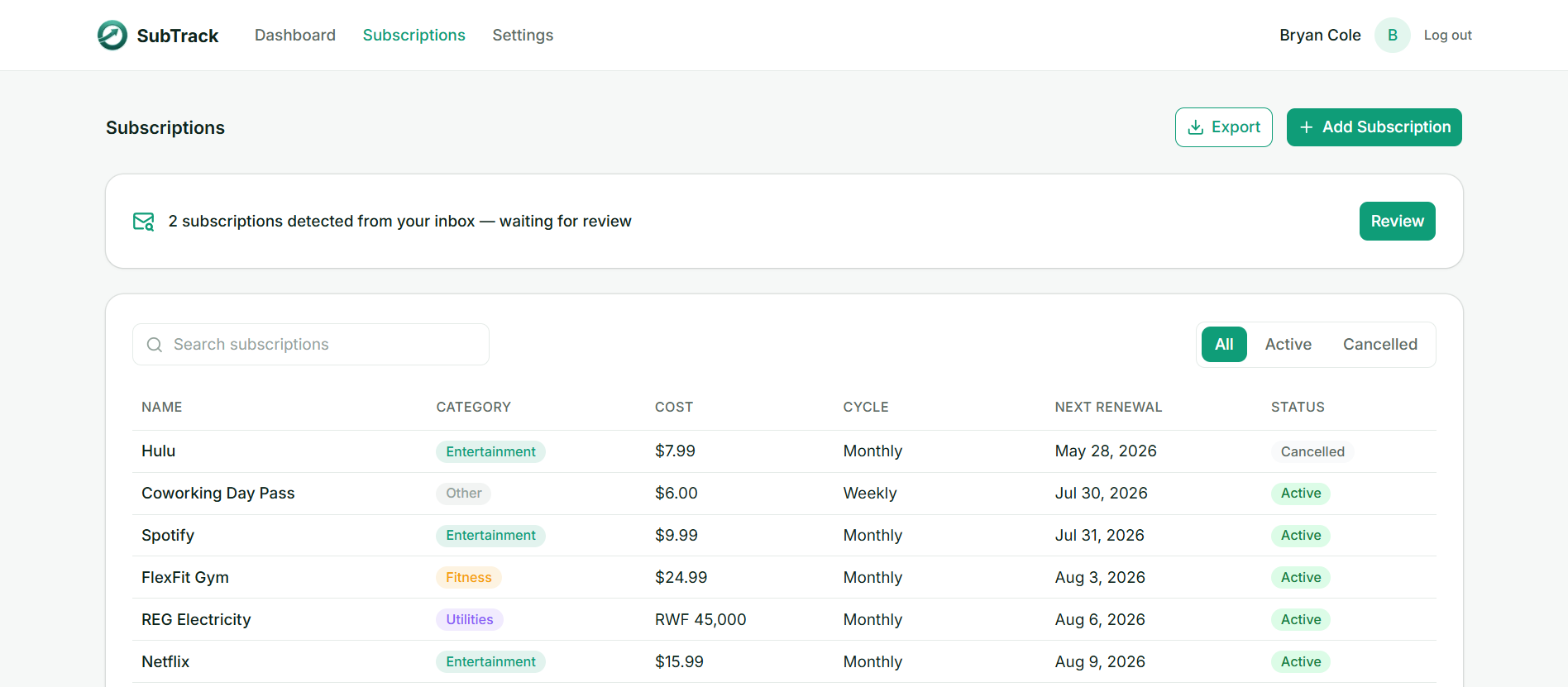 SubTrack web subscriptions list with a banner for two subscriptions detected from the connected inbox awaiting review, and a table of active and cancelled subscriptions with cost, billing cycle, and next renewal date
