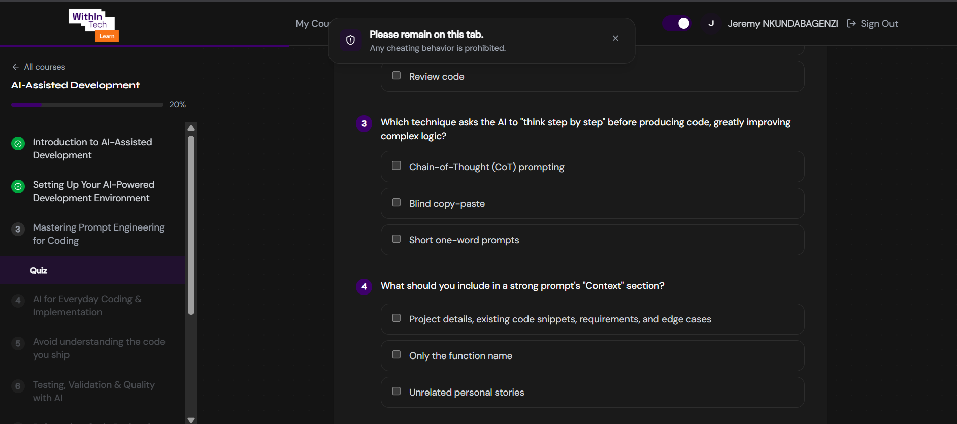 A sub-module quiz mid-attempt, showing multiple-choice questions with checkbox answers about prompt-engineering techniques