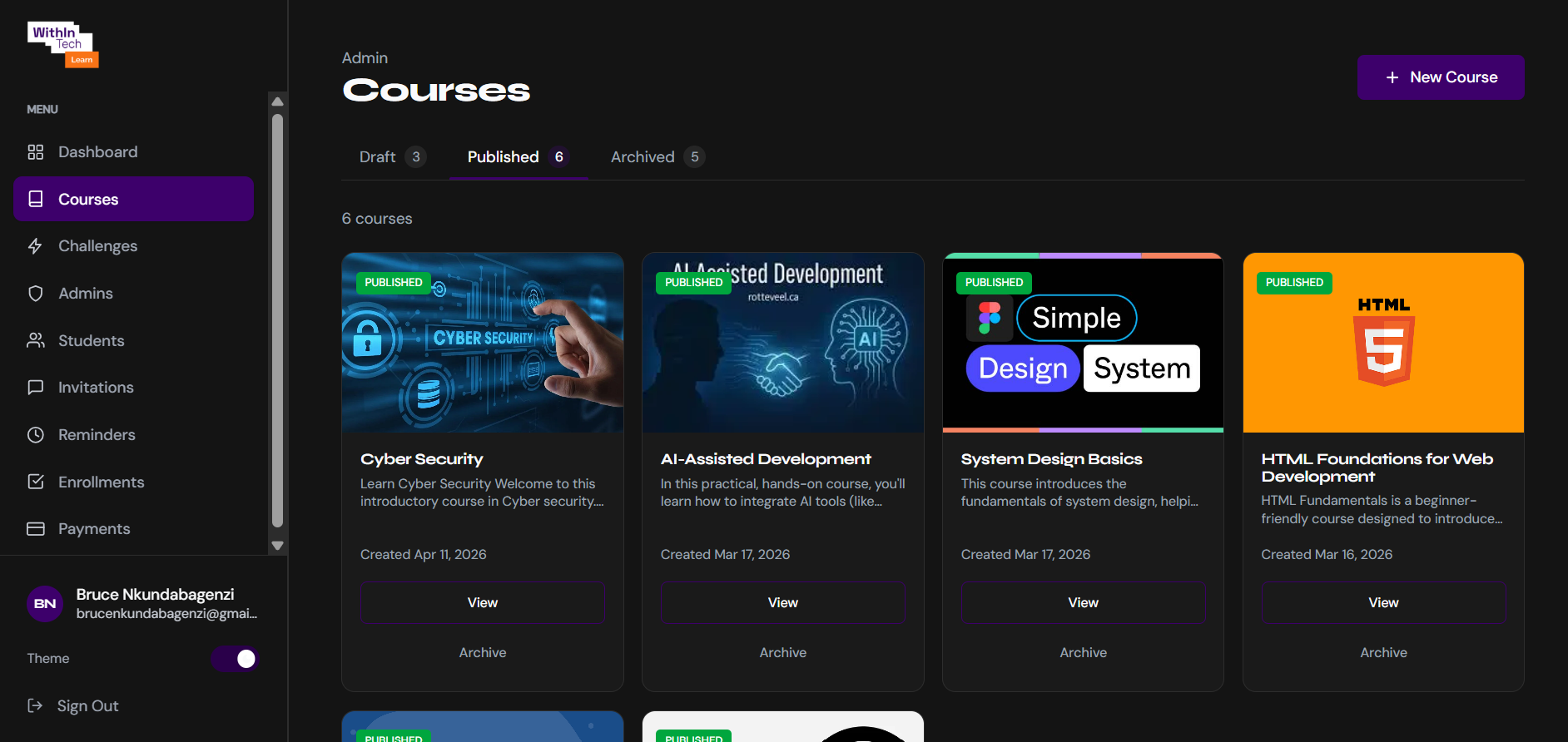 The same admin Courses list rendered in dark theme, with the same six published course cards and tab counts