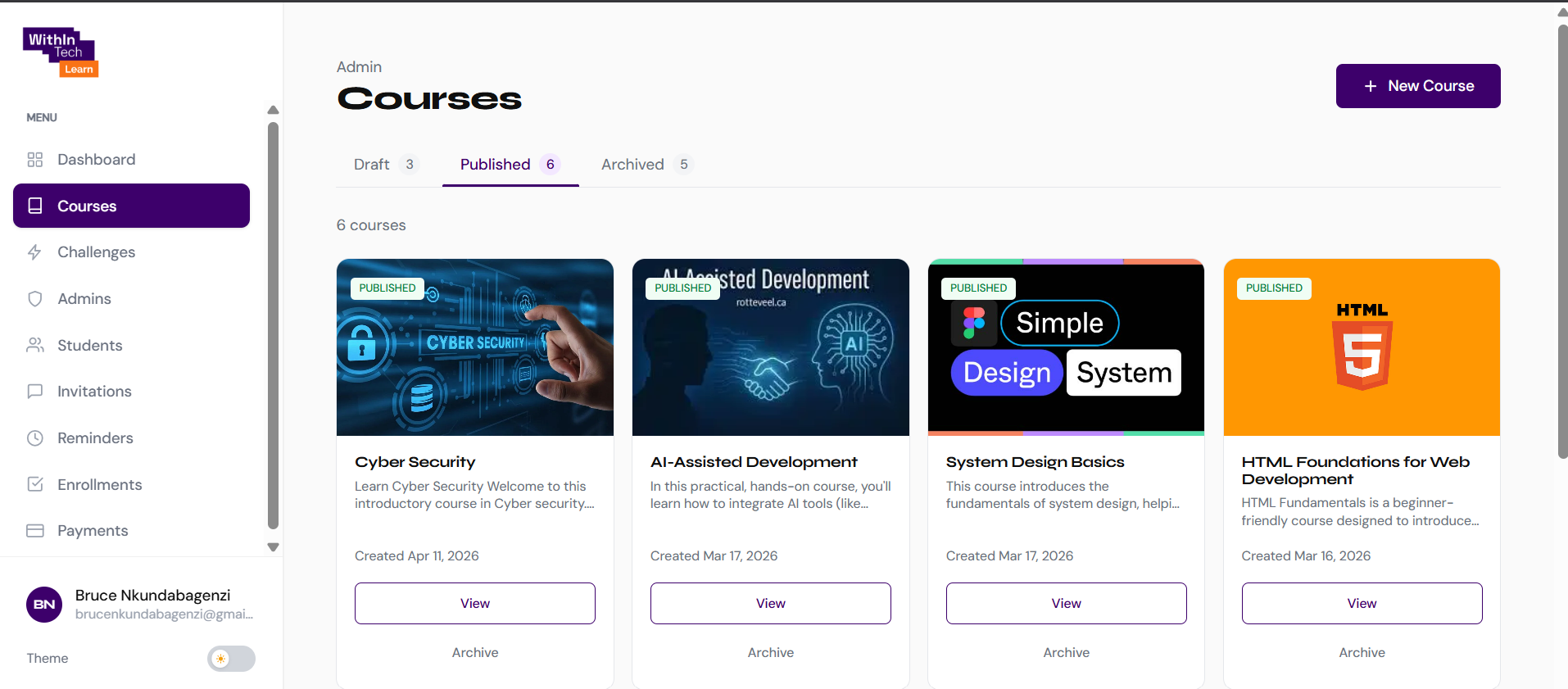 The admin Courses list in light theme, showing Draft, Published, and Archived tabs and six published course cards with title, description, and creation date