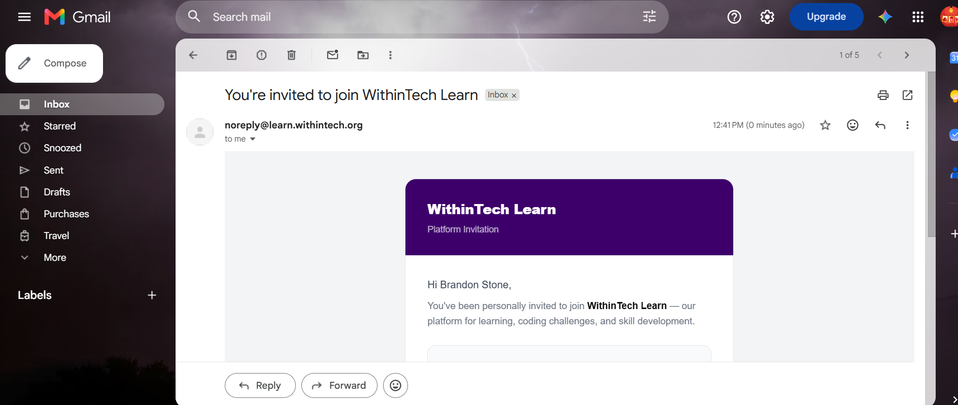 An automated WithinTech Learn platform-invitation email rendered in Gmail, addressed to a test invitee